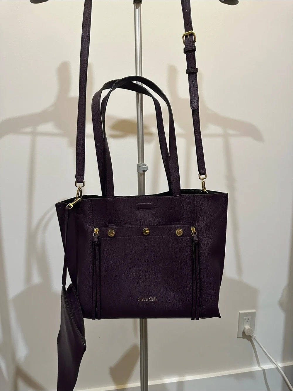 Calvin Klein Deep Purple Leather Tote with Gold Accents - Picture 13 of 15
